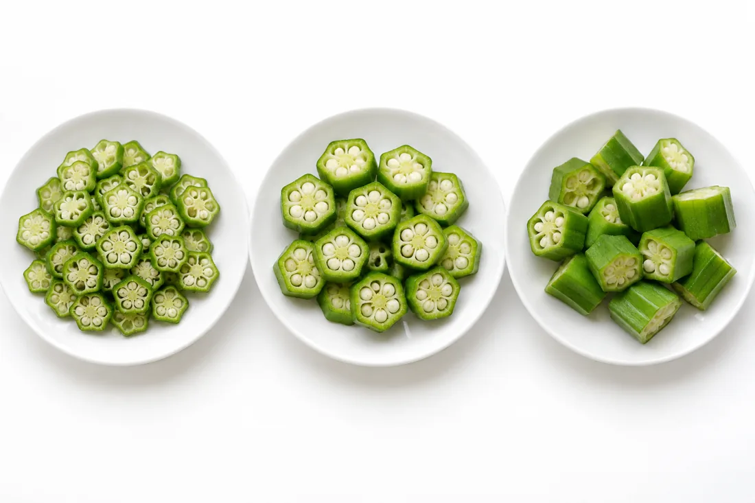 cut comparison: thin rounds, medium rounds and larger pieces create different visible textures in a gumbo trial.