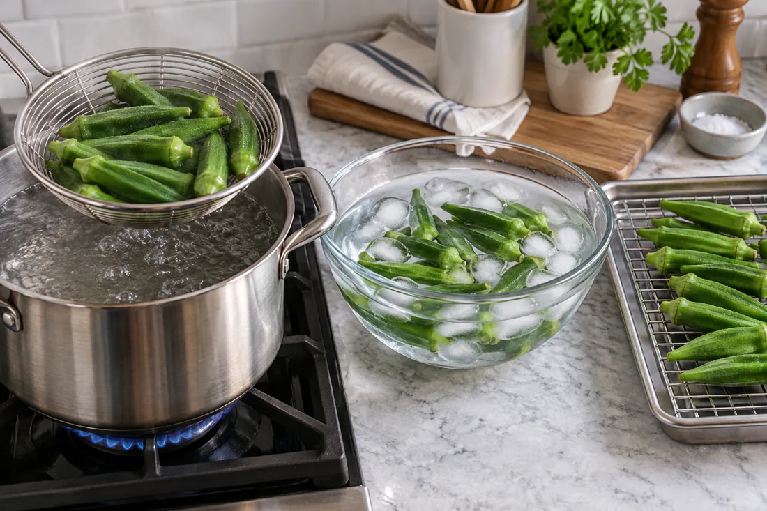 blanching setup: hot-water treatment, prompt cooling and draining are distinct stages.