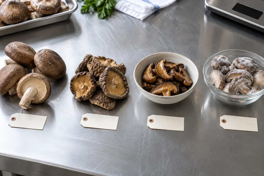 Illustrative comparison of fresh, dried, cooked and frozen shiitake forms; storage rules depend on the form and history. comparison of fresh, dried, cooked and frozen shiitake forms; storage rules depend on the form and history.
