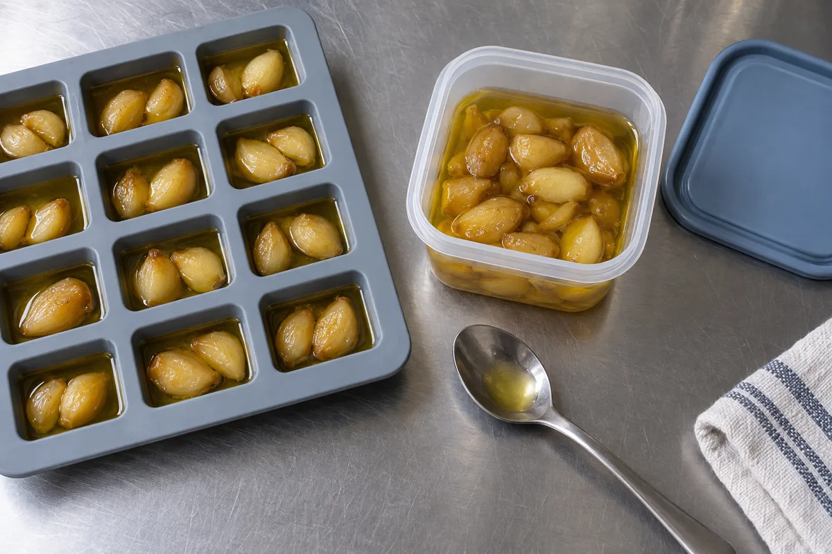 Garlic confit divided into silicone tray portions with oil