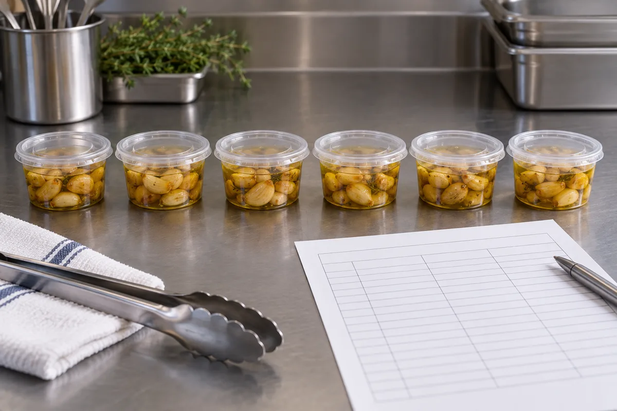 Six sealed foodservice portions of garlic confit beside a blank log