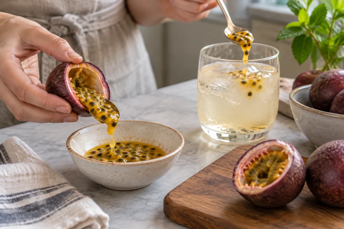 Thawed passion fruit pulp spooned into a sauce and a beverage