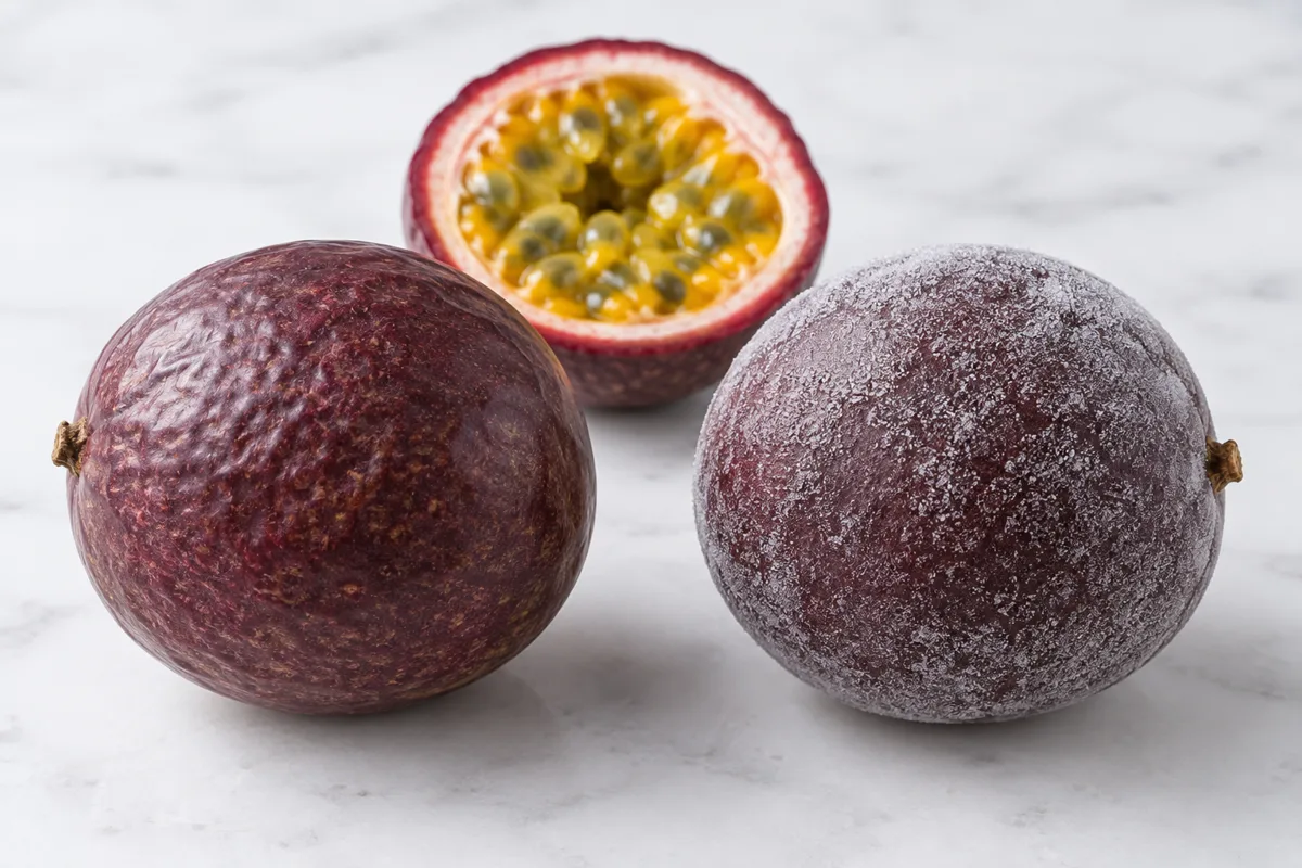 Fresh and frozen whole purple passion fruit shown at the same scale