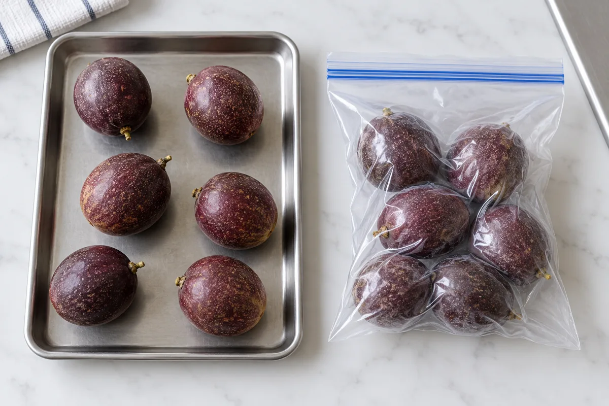 Dry whole passion fruit on a tray and in a sealed freezer bag