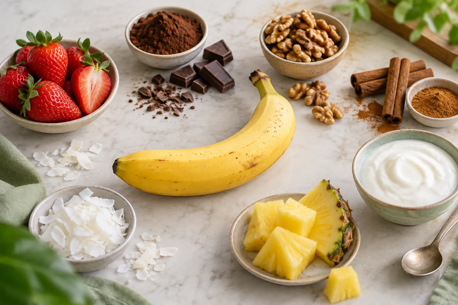 Ripe banana surrounded by berries, cocoa, walnuts, cinnamon, coconut, pineapple and yogurt