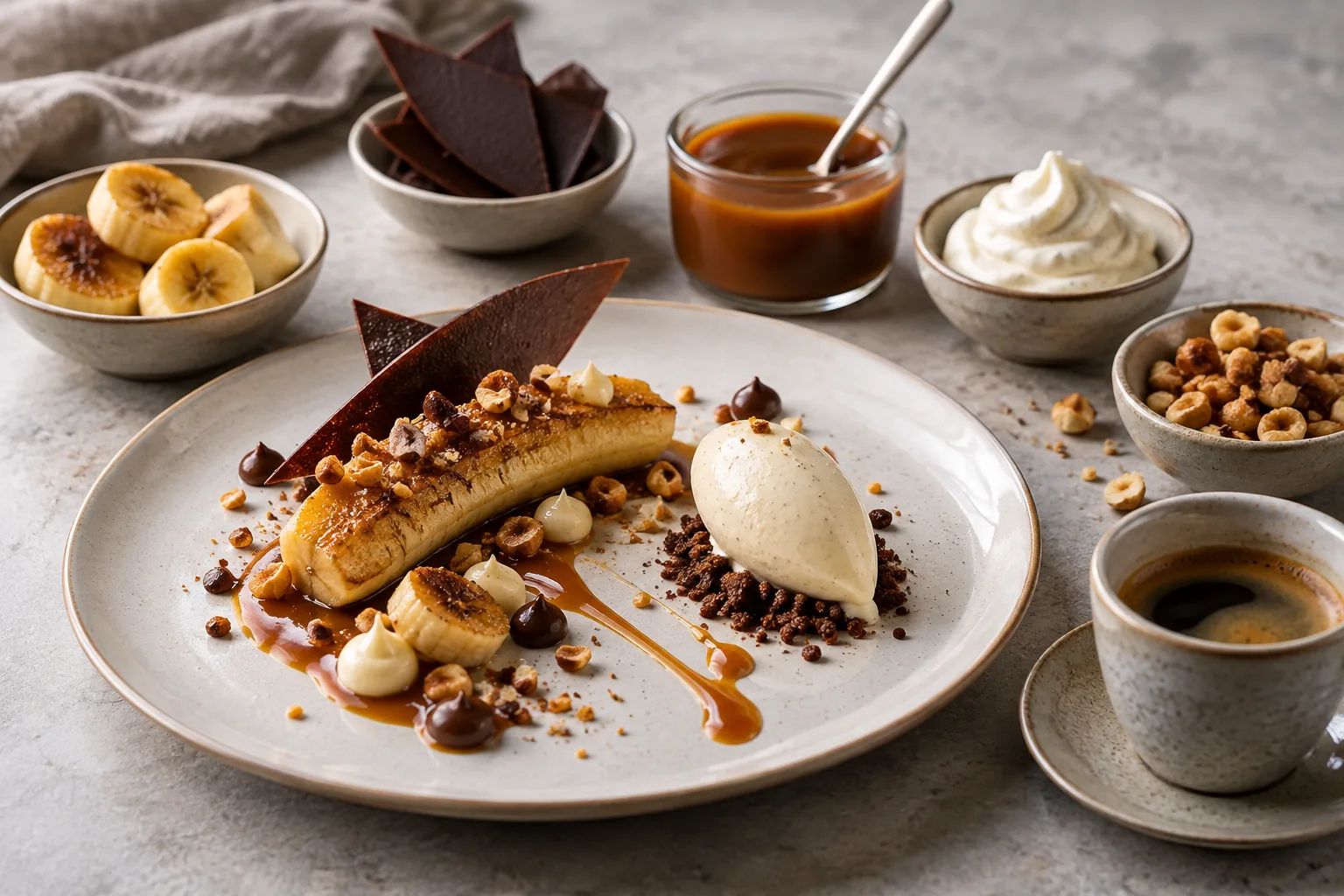 Banana plated-dessert components with chocolate, caramel, vanilla, nuts and coffee