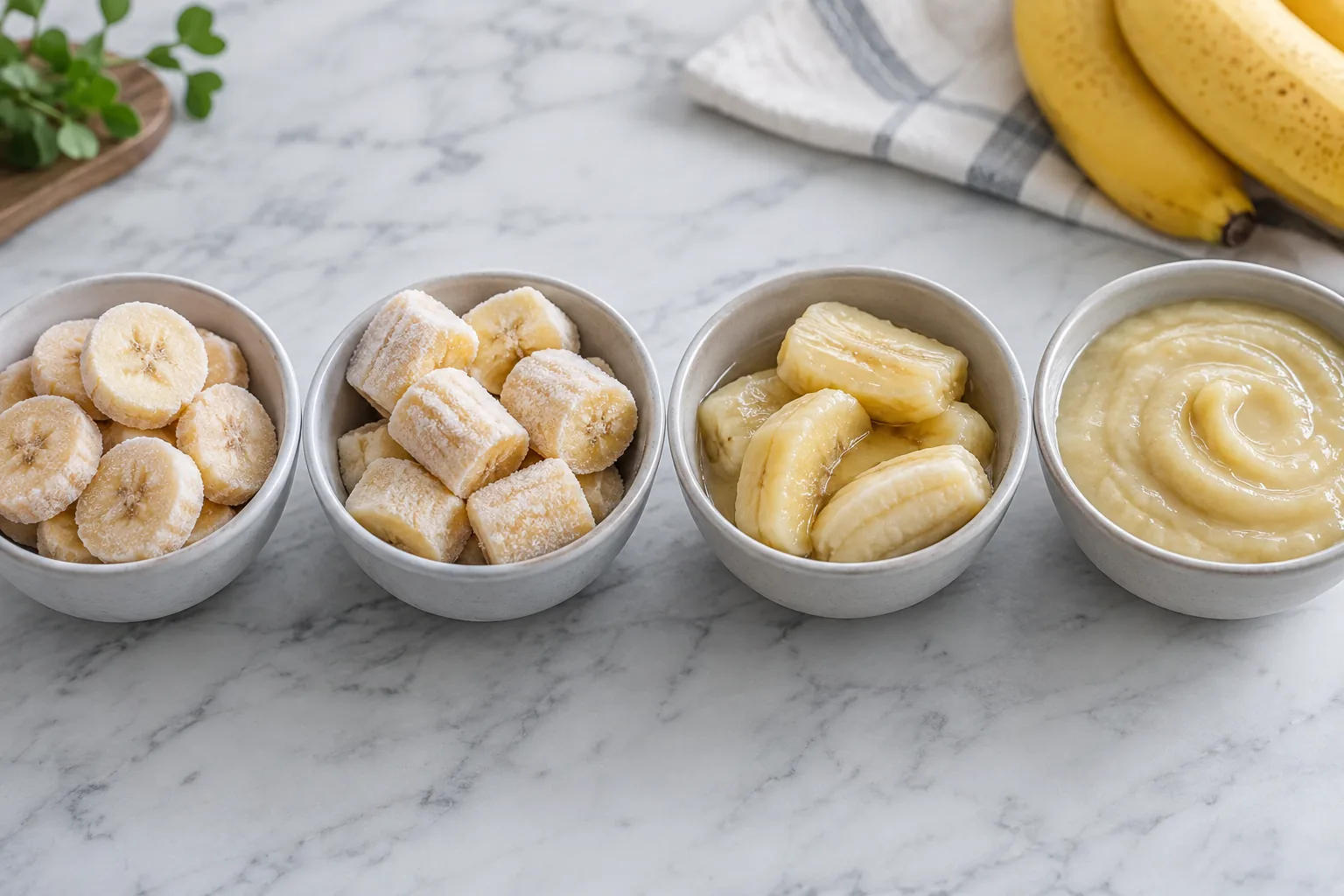 Frozen banana slices, chunks, thawed fruit and puree in separate bowls