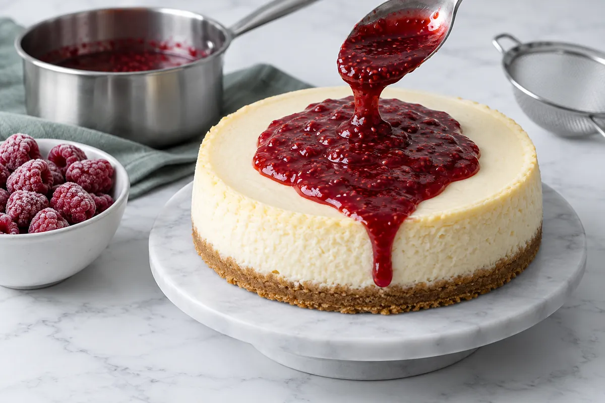 Finished cheesecake slice with glossy raspberry topping - GreenLand-food guide Finished cheesecake slice with glossy raspberry topping