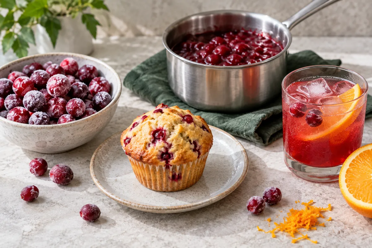 Frozen cranberries used in a muffin sauce and beverage