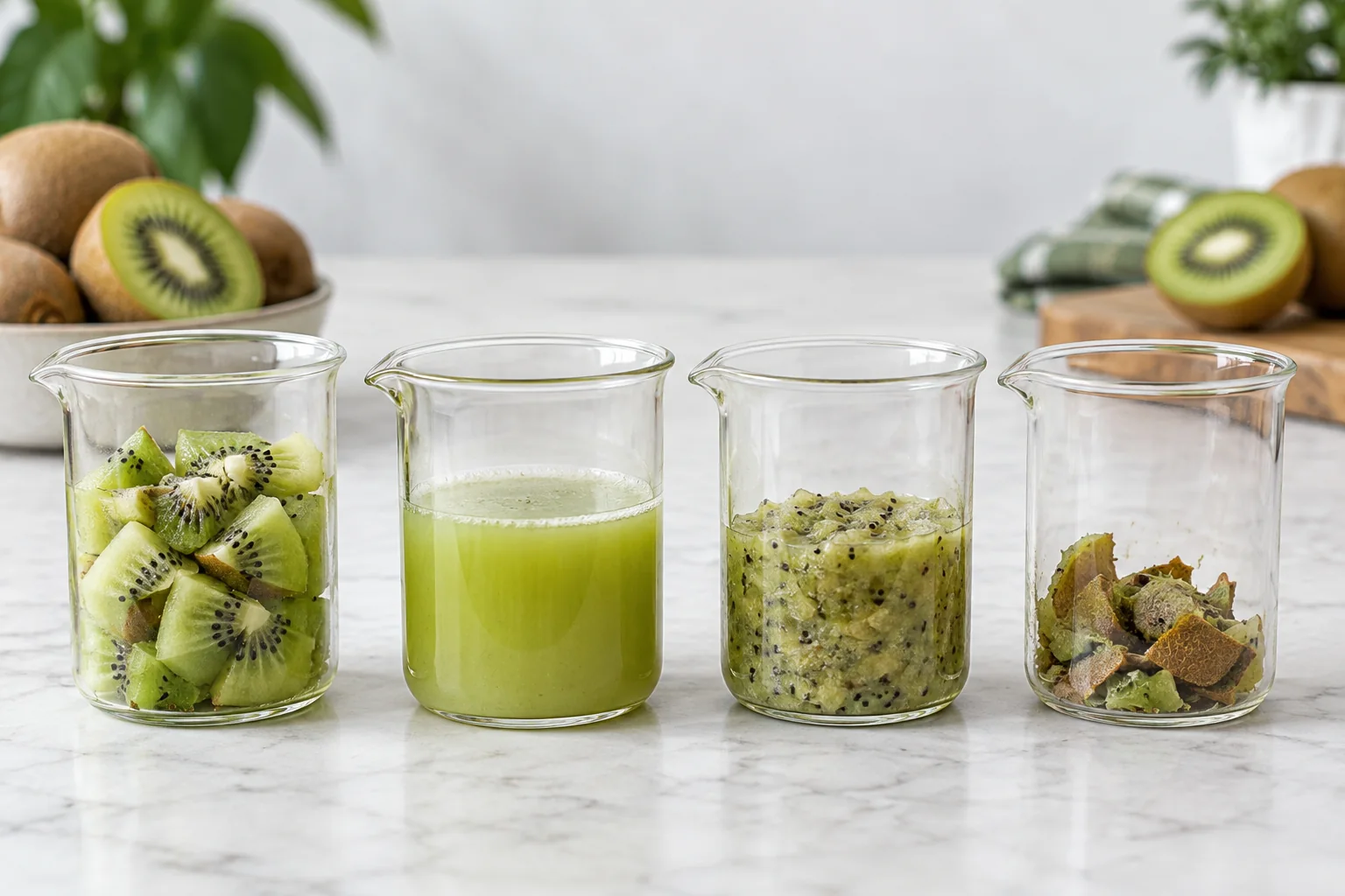 Identical graduated-looking but unnumbered vessels comparing whole-fruit input, strained juice, retained pulp and discard, emphasizing realistic yield loss and viscosity without numeric results