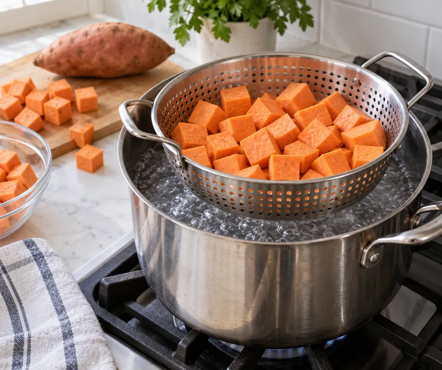 Sweet potato cubes in a perforated basket over simmering water