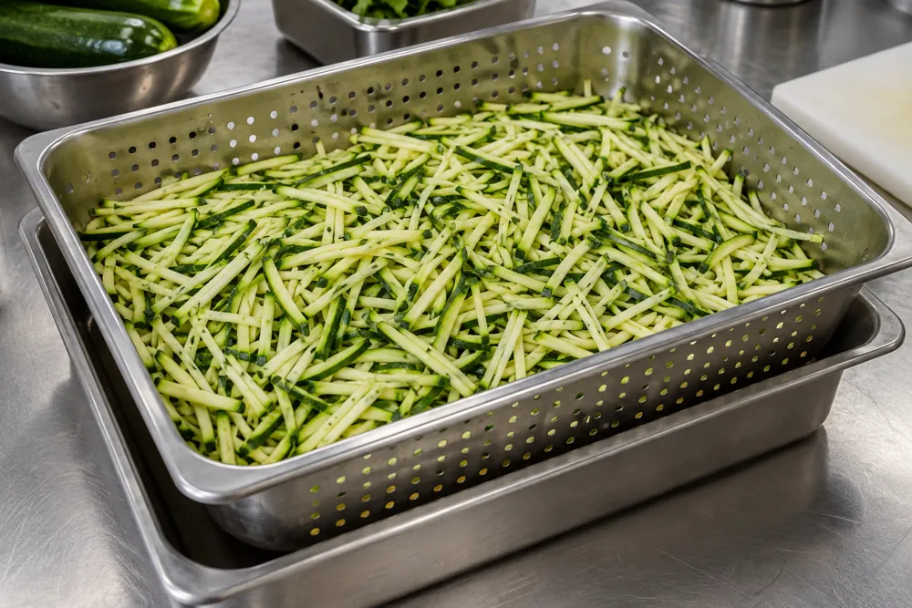Cut zucchini strips in a perforated foodservice pan