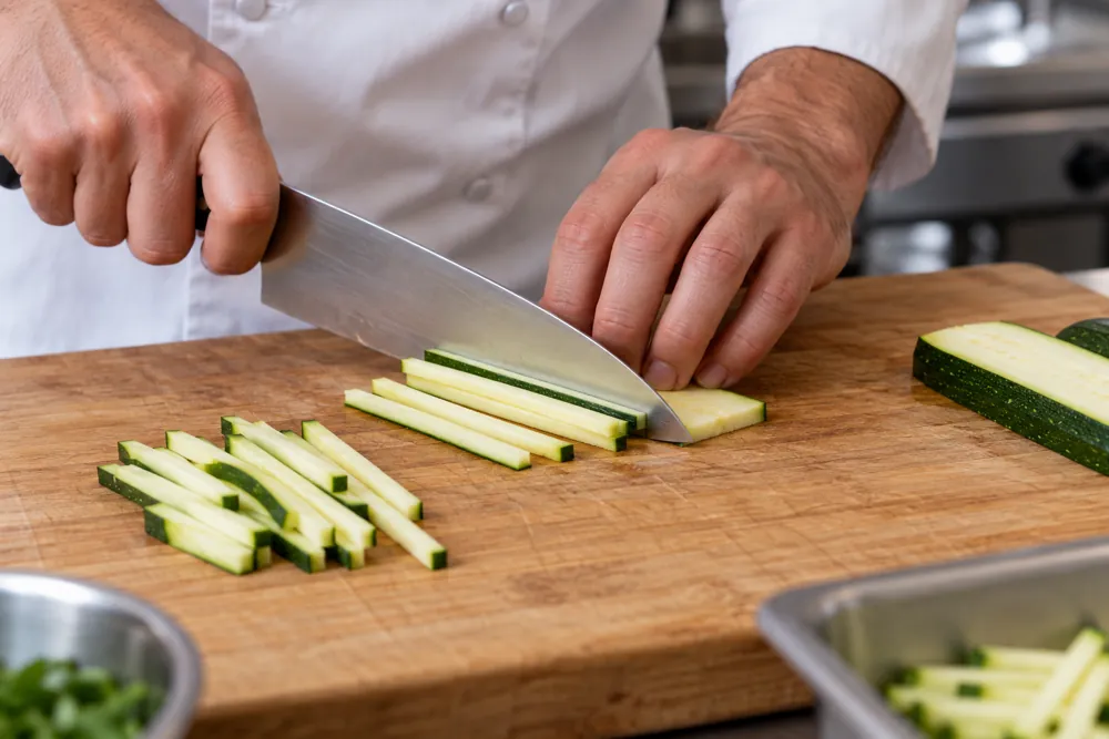 Knife cutting zucchini planks into matchsticks