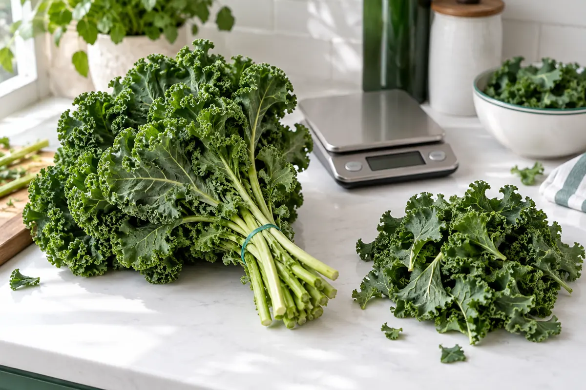 Fresh kale bunch beside trimmed leaves and a scale