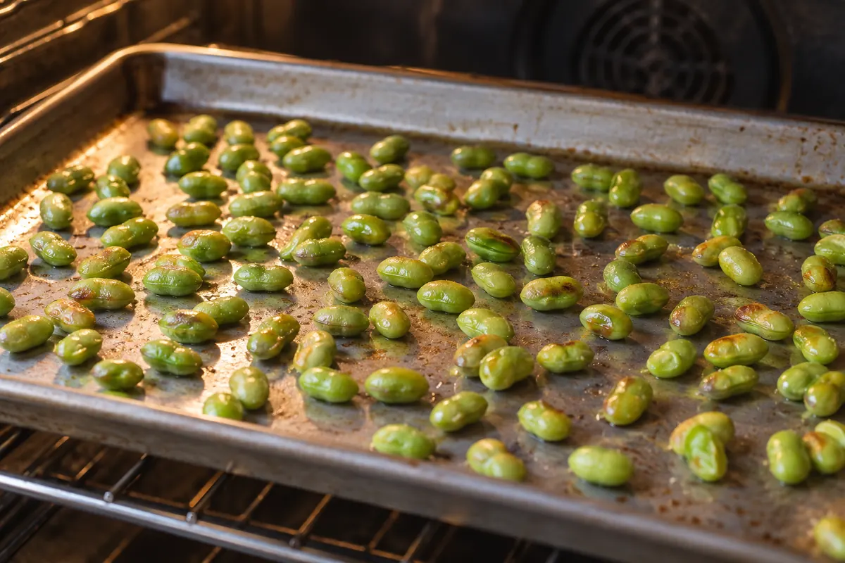 Shelled edamame spread separately on a roasting tray
