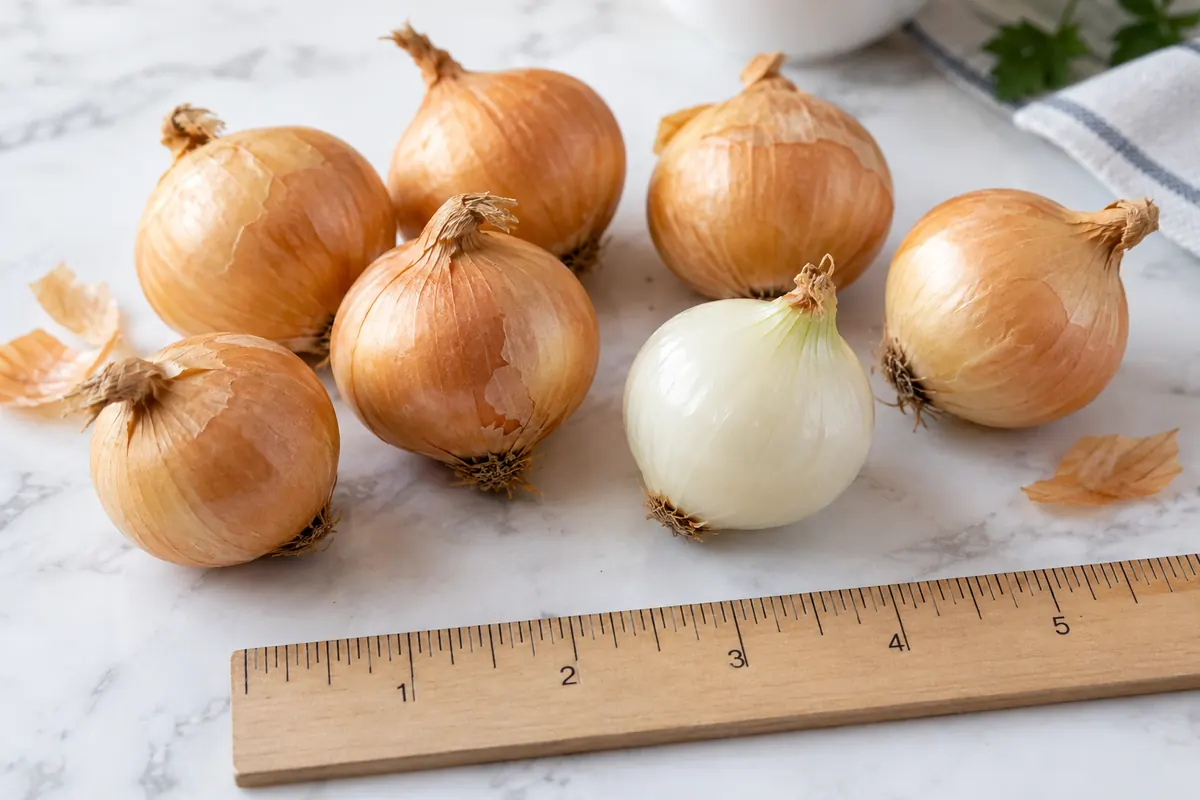 Small yellow boiler onions beside a scale ruler Small yellow boiler onions beside a scale ruler