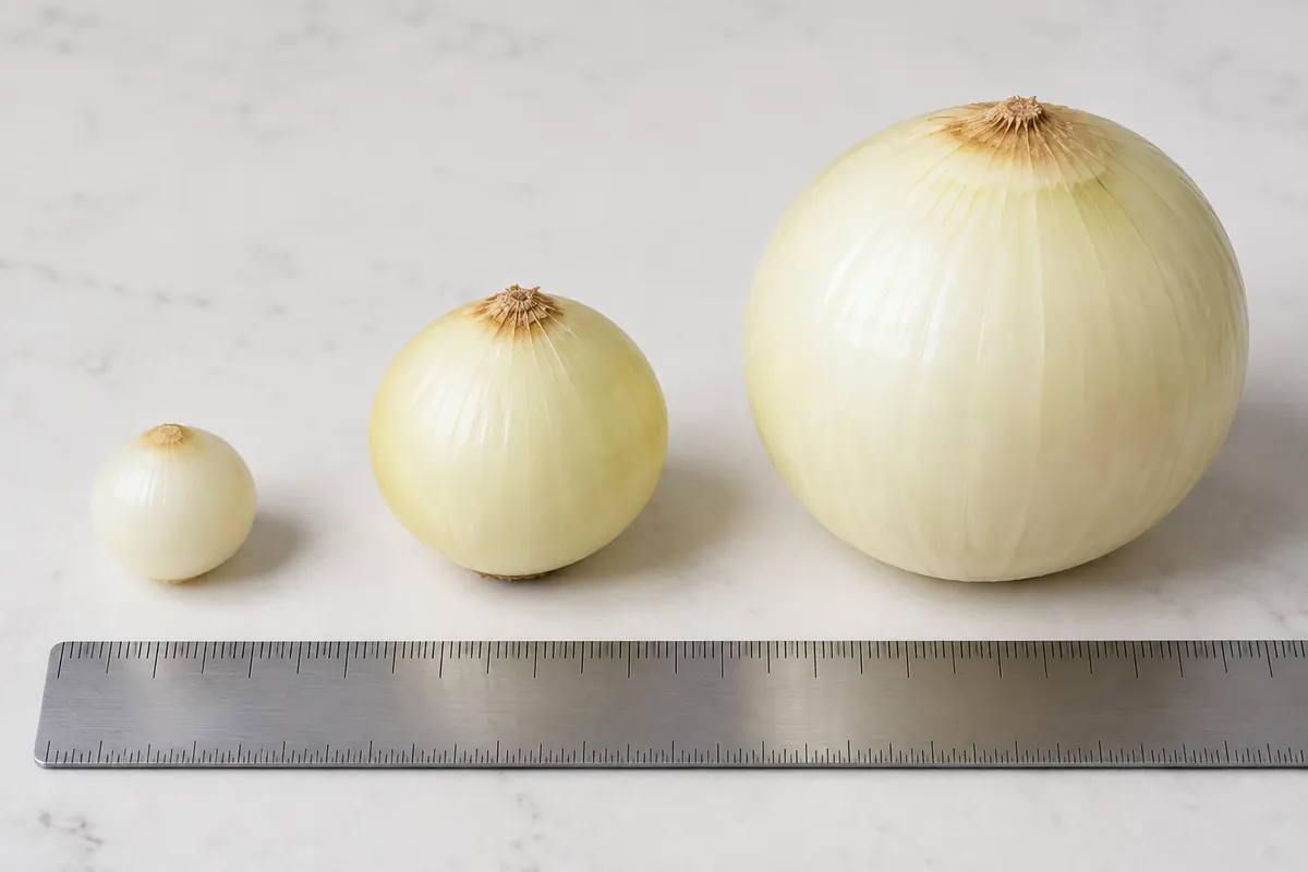 Pearl, boiler and standard onions in increasing size