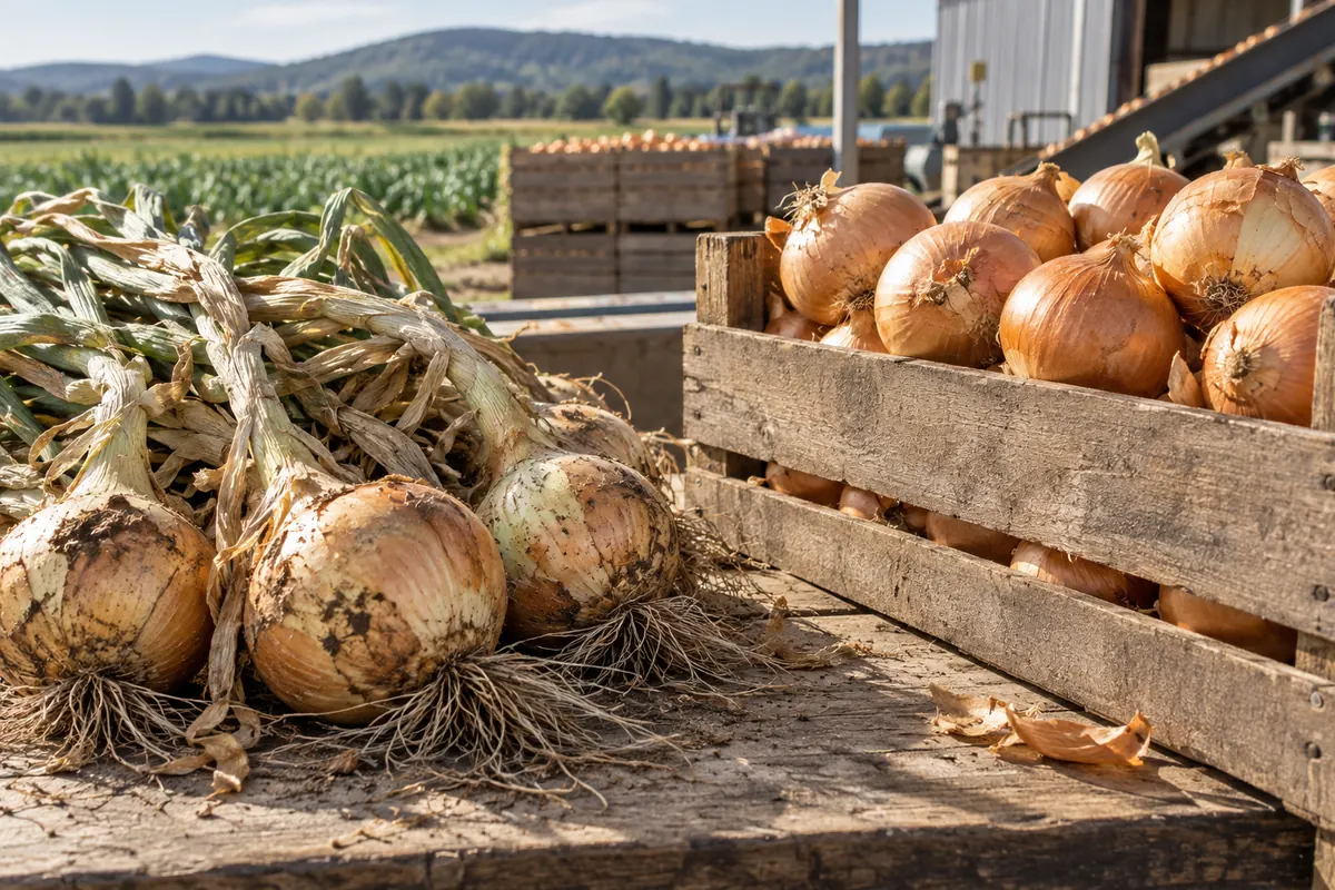 Newly harvested onions beside cured storage onions