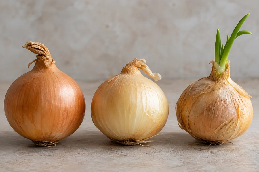 Dry storage onion, lighter sweet onion and a visibly sprouted onion side by side