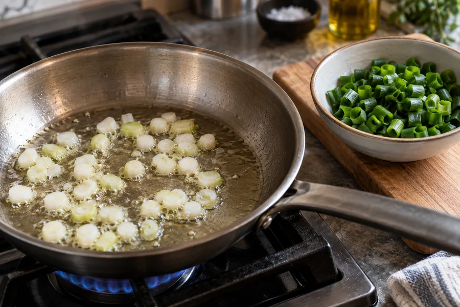 Scallion white rounds cook in a pan while green rounds wait to be added
