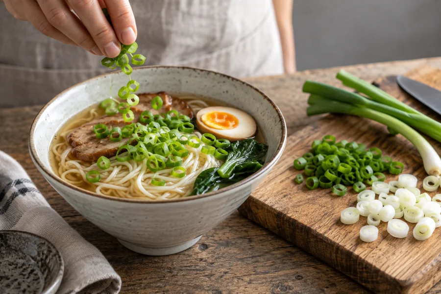 Fresh green scallion rings are added as a raw garnish to noodles