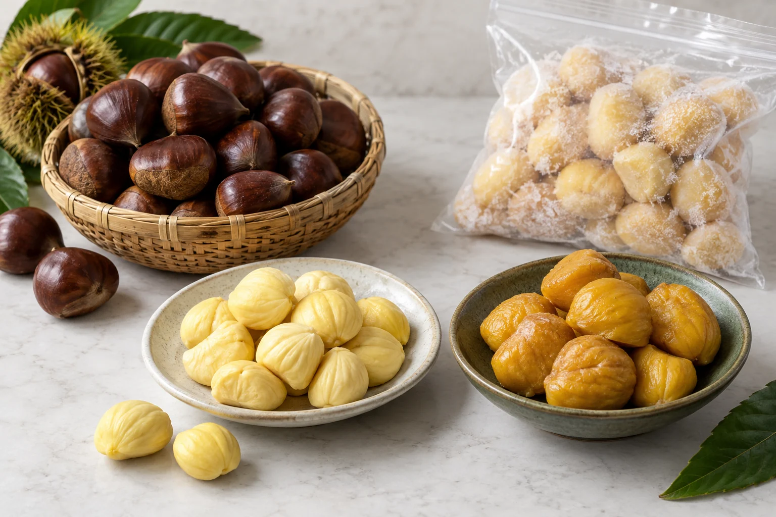 Fresh in-shell, peeled, cooked and frozen chestnut forms