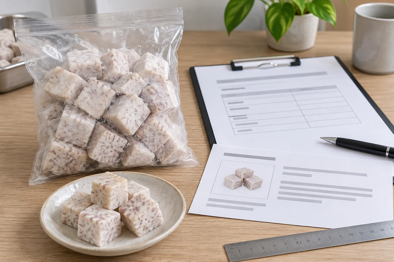 Plain frozen taro cubes beside an unmarked product specification