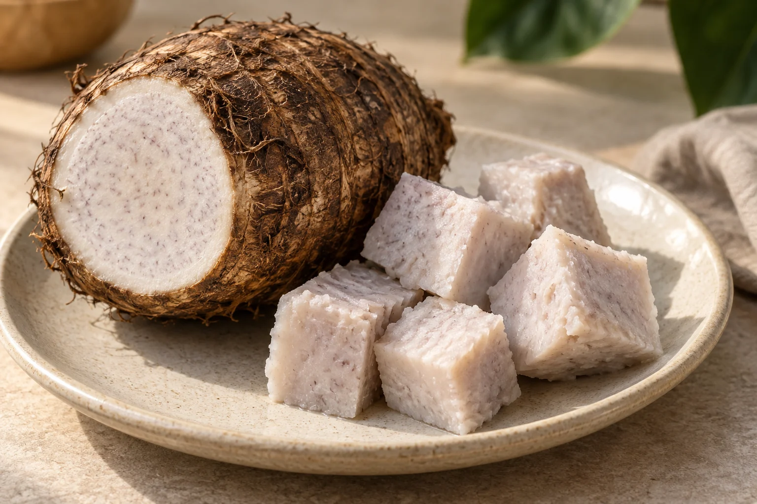 Whole taro corm and plain cooked taro cubes