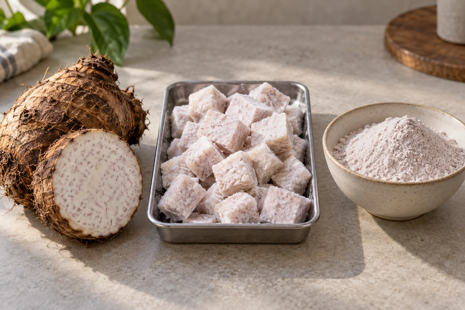 Fresh taro, frozen cubes and a separate formulated powder
