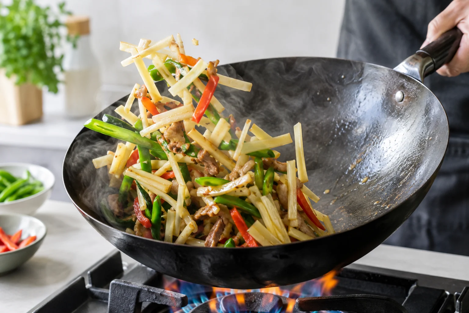 Bamboo shoot strips tossed with vegetables in a hot wok