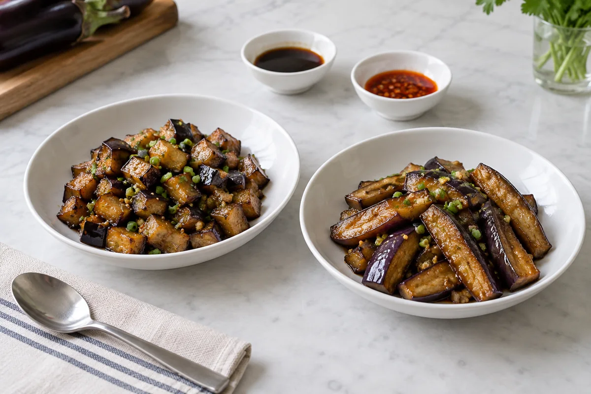 Cooked eggplant cubes and longer wedges in separate test dishes