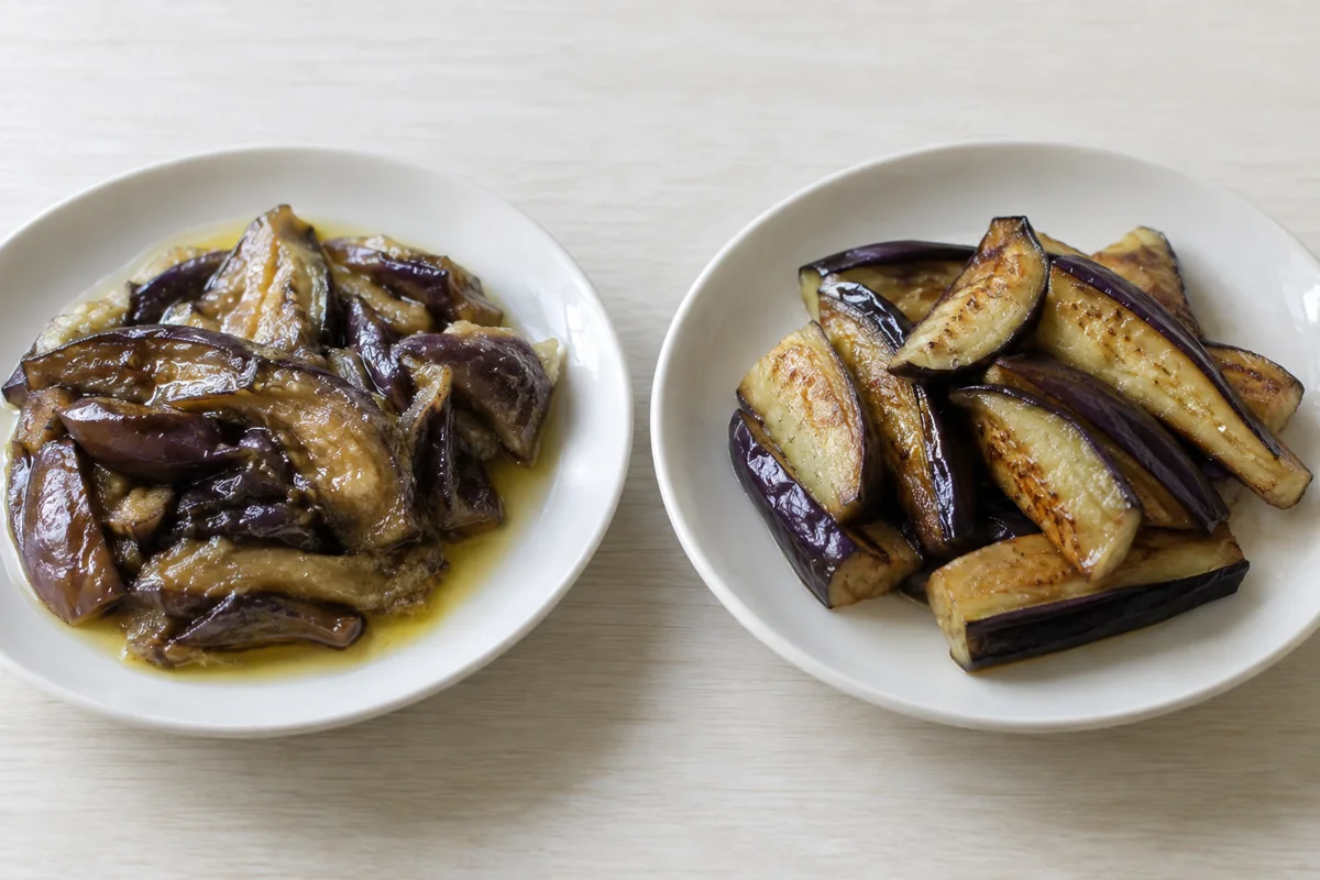 Oily collapsed eggplant beside lightly glazed intact pieces