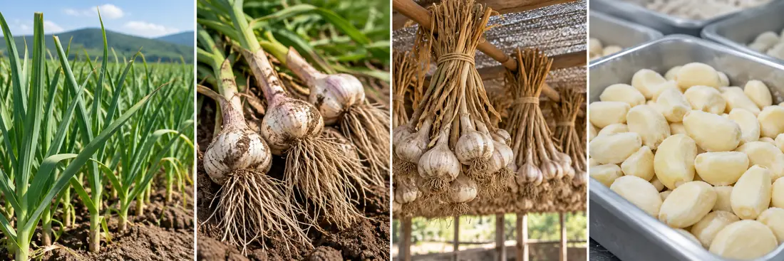 Garlic growing, freshly lifted, curing and prepared as frozen cloves