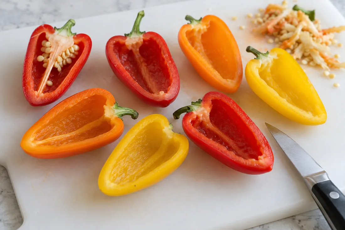 Halved mini sweet peppers with small stuffing cavities