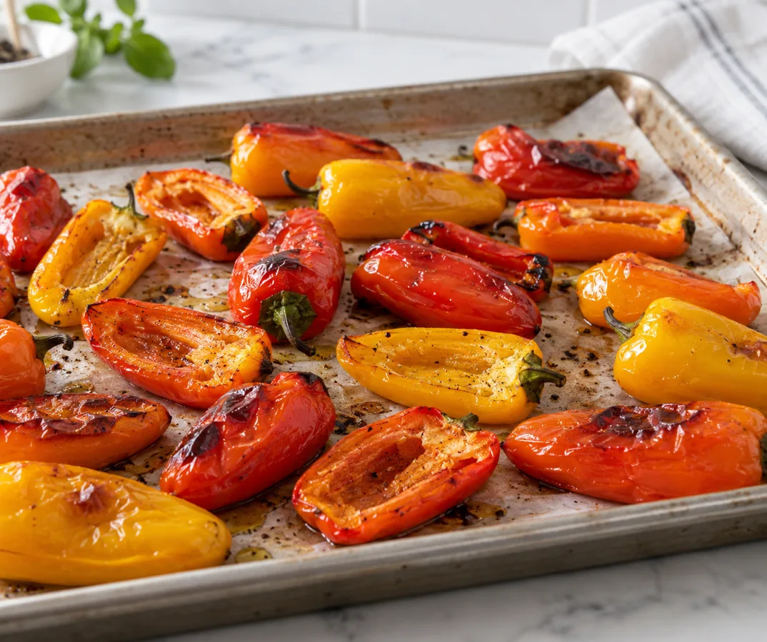 Roasted red, orange and yellow mini sweet peppers on a tray