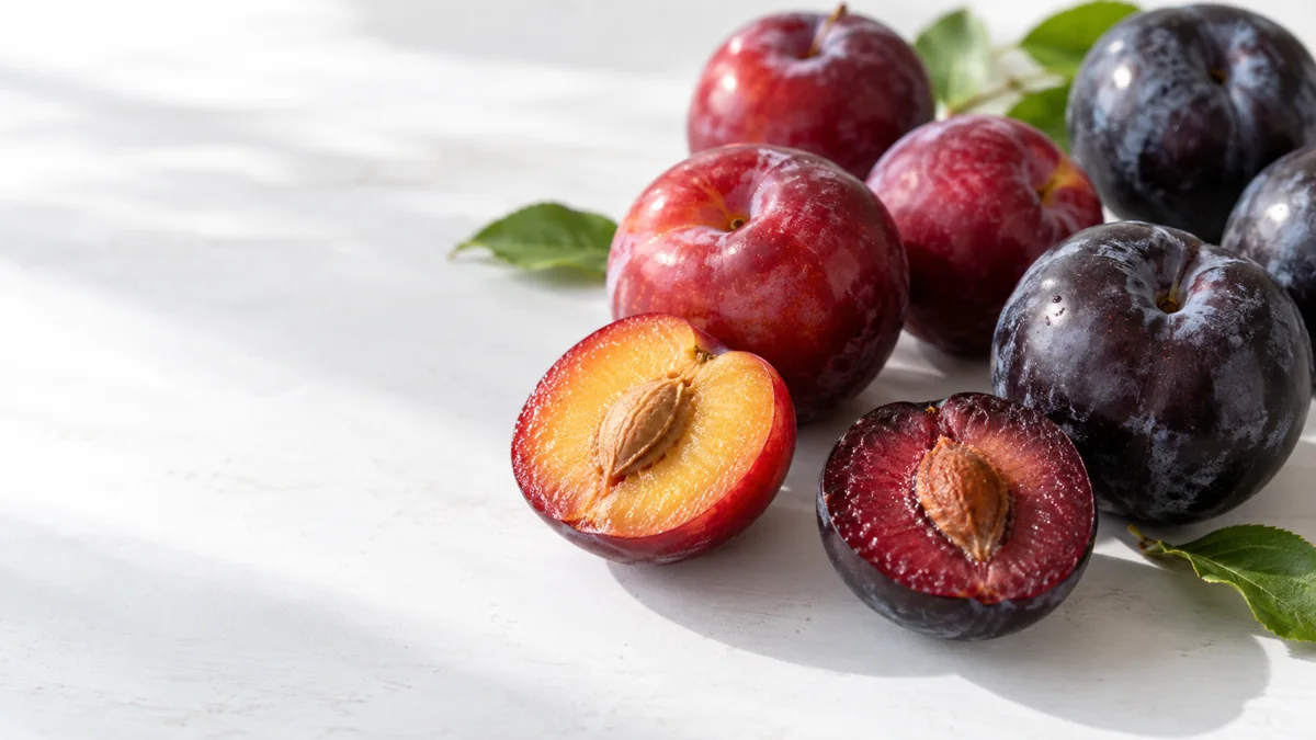 Ripe red and dark plums with cut flesh