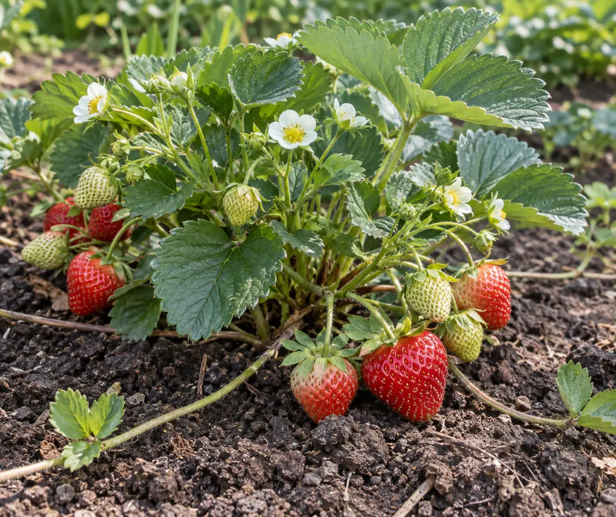 Strawberry flowers green and ripe fruit.