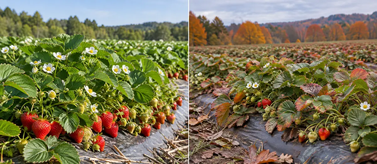 Everbearing strawberry plants with fruit and flowers.